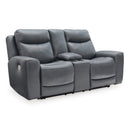  Manufacturer Color_Steel --  Signature Design by Ashley Mindanao Power Reclining Leather Match Loveseat with Console IMAGE 1